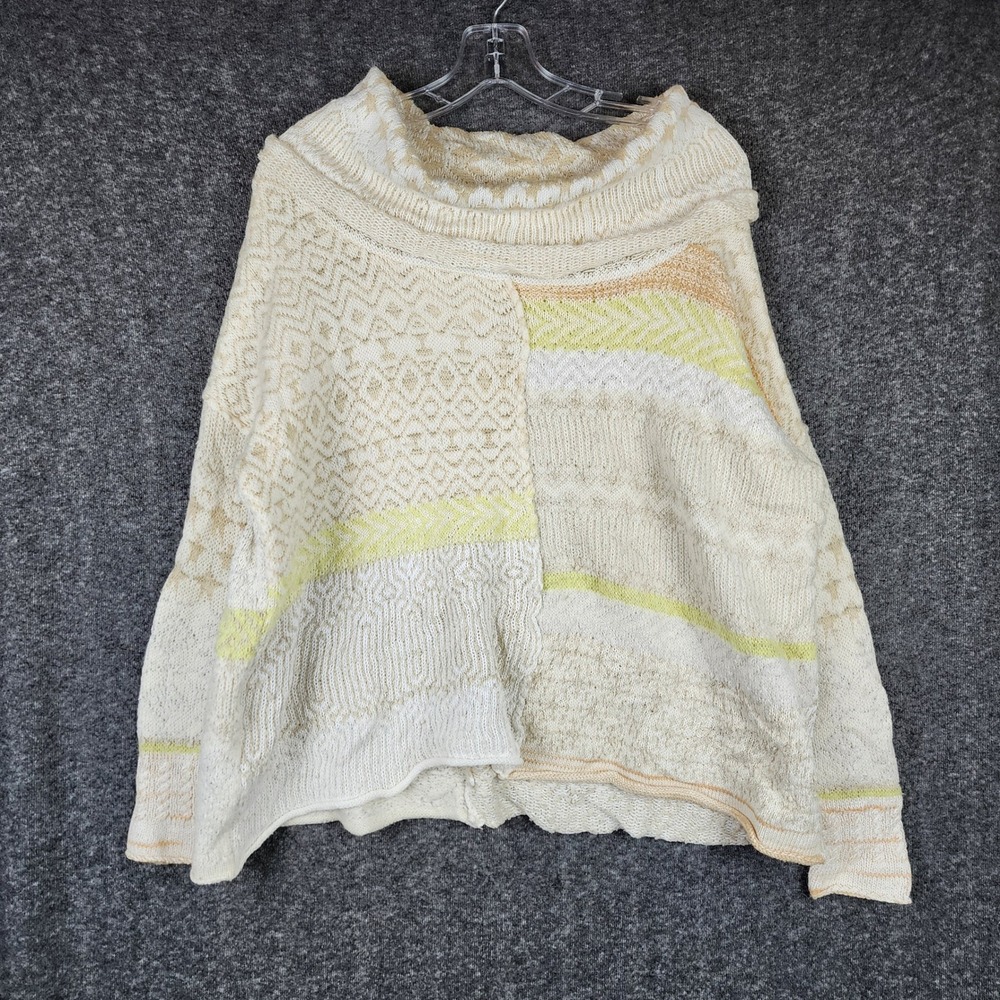 Free People Patchwork Sweater Womens Medium Cream Mixed Knit Cowl Neck Boho